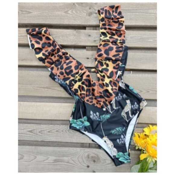 **SPORLIKE One Piece Swimsuit V-Neck Ruffle Bathing Suit Padded Monokini L NWOT - Picture 2 of 6